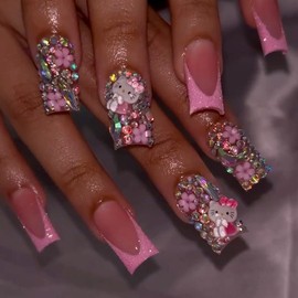 Pink French Tip Press On Nails Long Coffin Fake Nails with 3D Flowers Gems Nail Charms Nail Press Ons Design, Acrylic Artificial False Nails Press On Nail Kit Stick On Nails for Women