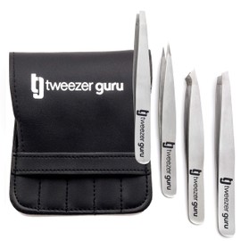 TweezerGuru Tweezers, Tweezers, Eyebrow Tweezers, Precision, Stainless Steel, Nose Hair, Beard, Blackhead, Square Plug, Exfoliator, Pack of 4
