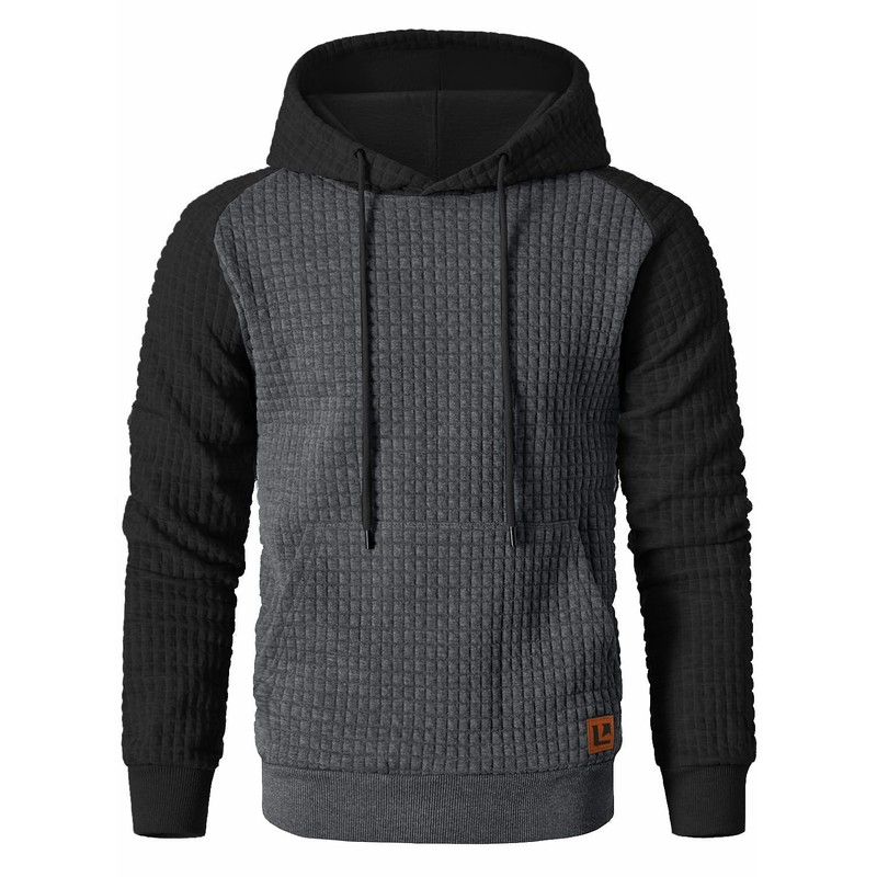 Qichic Men's Hoodies Pullover Plaid Jacquard Long Sleeve Drawstring Hipster