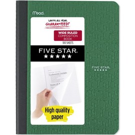 Five Star Composition Book/Notebook, Wide Ruled Paper, 100 Sheets, 9-3/4" x 7-1/2" (Green)