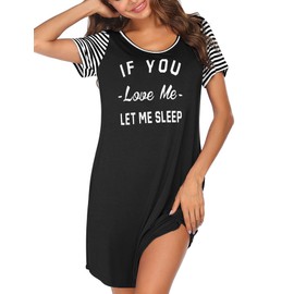 Ekouaer Nightgowns for Women with Pocket Soft Sleepshirt Crewneck Printed Short Sleeves Night Dress, Black, XXXL
