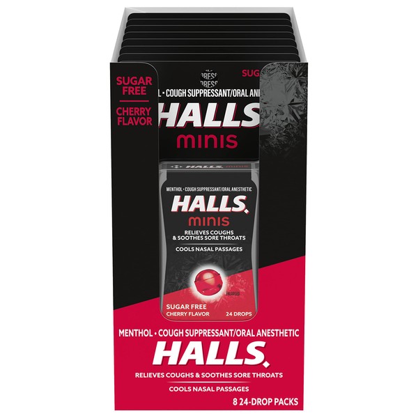 HALLS Minis Cherry Flavor Sugar Free Cough Drops, 8 Packs of 24 Drops (192 Drops Total)