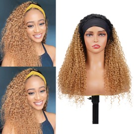 1B/27 Curly Headband Wig Human Hair 16 Inches Ombre Honey Blonde Human Hair Headband wig None Lace Front Wigs Human Hair Wig for Black Women Wear and Go Wig 150% Density wig（1B/27,JC,16Inch)