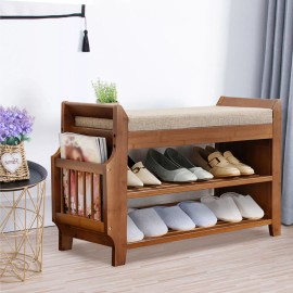 OCASAMI Bamboo Shoe Rack 2 Tier Bench w/ Removable Cushion Entryway Organizer Shelf Home