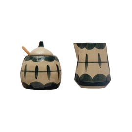 Creative Co-Op Stoneware Pot with Painted Designs and Bamboo Spoon, Midnight Blue and Cream, Set of 3 Pieces Sugar and Creamer