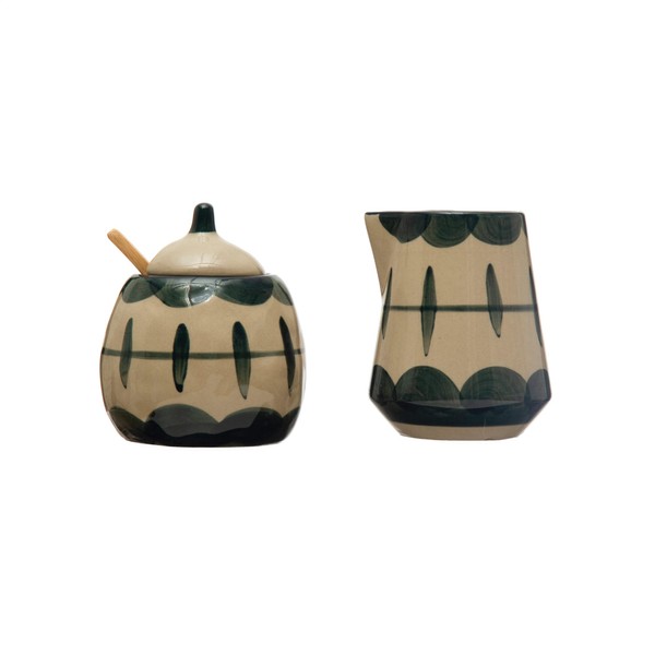 Creative Co-Op Stoneware Pot with Painted Designs and Bamboo Spoon,