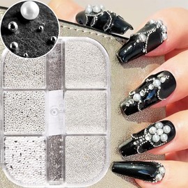 3D Nail Art Steel Pearls Mini Caviar Beads Silver Nail Charm 0.4mm-1.2mm Mini Caviar Metal Steel Beads for Women DIY Nail Art Accessories