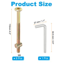 PATIKIL M8 x 110mm Bunk Bed Bolts, 8 Pack Hex Drive Socket Cap Barrel Screws Bolt Nuts Assortment Kit with 1Pcs Wrench for Furniture Bed, Zinc Color