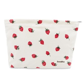 Long Keeper Cute Corduroy Cosmetic Bag Strawberry Printing Small Travel Makeup Bag Kawaii Toiletries Beauty Bag Zipper Make Up Cosmetic Pouch for Women Girls (White (Strawberry))