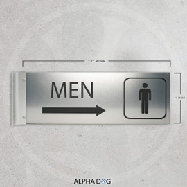 ALPHA DOG SIGNS Men's Corridor Projecting Hallway Bathroom Sign, Right Arrow, 4"x12" Double Sided, Indoor/Outdoor, Easy Install, Durable Business Wayfinding Plaque, USA-Made (Brushed Stainless)