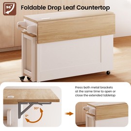 ModernMate White Kitchen Island With Storage Drop Leaf Extendable Table Rolling Kitchen Island on Wheels Power Outlet Drawers Open Spice Rack Shelves Storage Shelves Door Cabinet with Adjustable Shelf