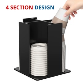 KOTEMON Cup and Lid Holder, 4 Compartment, Square | Coffee Cup Dispenser for Restaurant, Buffet, Coffee Station, Bar, Countertop, Black Acrylic
