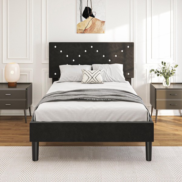 AYJOIR Twin Size Platform Bed Frame with Upholstered Headboard and