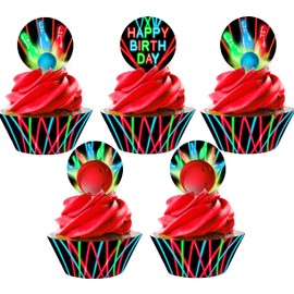 Bowling Cupcake Toppers and Cupcake Wrappers - 24 Cupcake Toppers and 24 Cupcake Wrappers - Bowling Party Supplies - Bowling Party Decorations - Glow Red Cupcake
