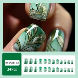 Short Press on Nails Square Green False Nails Fall Fake Nails with Floral Design Glossy Acrylic Nails Gradient Green Artificial Nails Acrylic Glue on Nails Short Autumn Leaf Stick on Nails for Women