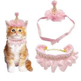 Birthday Hat Scarf Set for Pet Puppy Cat, Cute Lace Bandana Bib Scarf Crown Hat Princess Costume for Cats Small Dogs,Pink Outfit for Birthday Party