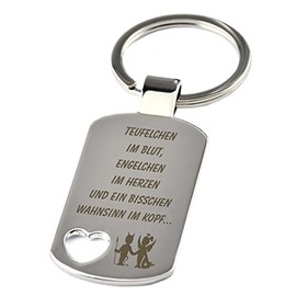 Keyring with Heart Cut-Out and Engraving "Devil in the Blood, Angels in the Heart and a Bit of Madness in the Head..." - Chrome - Funny - as a Birthday or Christmas Gift