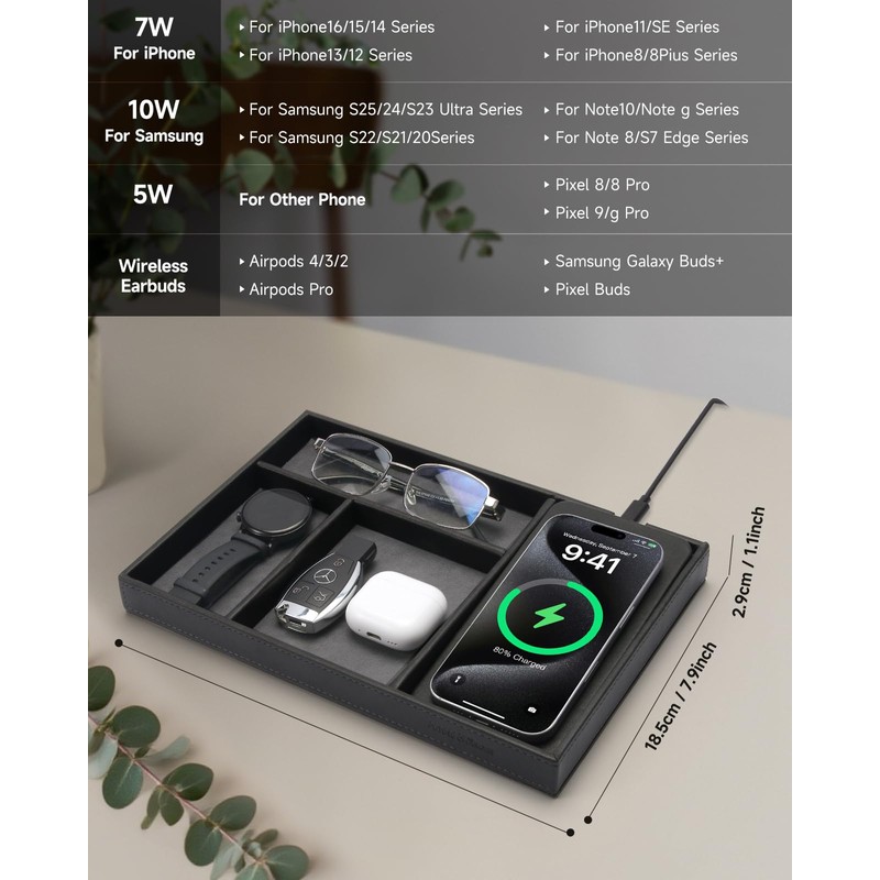 Valet Tray, Built in Wireless Charging Pad, Nightstand Organizer, Two-Toned