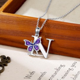 LONAGO Initial N Necklace for Women 925 Sterling Silver Purple Butterfly with A-Z 26 Letters Pendant Necklace for Graduation Gifts