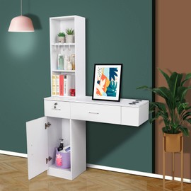 OmySalon Wall Mount Barber Stations, Salon Stations for Hair Stylist, Hair Styling Equipement Set with a Storage Cabinet, 2 Drawers and a 3 Tier Shelf (White)