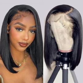13x4 Lace Front Bob Wig Human Hair Lace Glueless Bob Wig Human Hair HD Transparent Short Straight Frontal Bob Wig for Black Women Human Hair Pre Plucked with Baby Hair Free Part Natural Color 14Inch