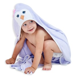 HIPHOP PANDA Hooded Towel - Rayon Made from Bamboo, Bath Towel with Bear Ears for Newborn, Babie, Toddler, Infant - Absorbent Large Baby Towel - Purple Penguin, 37.5 x 37.5 Inch
