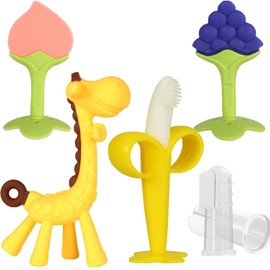 HAILI XMGQ Haili XMGQ Baby Teething Toys, Silicone Baby Teether Freezer BPA Free, Soothe Babies Teething Relief Sore Gums, Banana Finger Toothbrush, Fruit Shape Giraffe Teether Set for Infant Boys and Girls