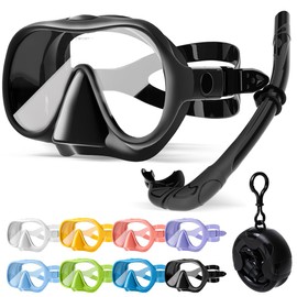 HINATAA Adult Snorkel Set, Macaron Frameless Diving Goggles, 180° Ultra Wide Vision, Anti-Fog Snorkel Mask, Anti-Leak Professional Diving Mask, Swimming Goggles for Women and Men (Black Set)
