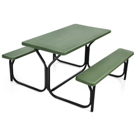 HAPPYGRILL Picnic Table Set Outdoor Patio Table Bench Set with Steel Frame & Plastic Table Top for Garden Lawn Backyard