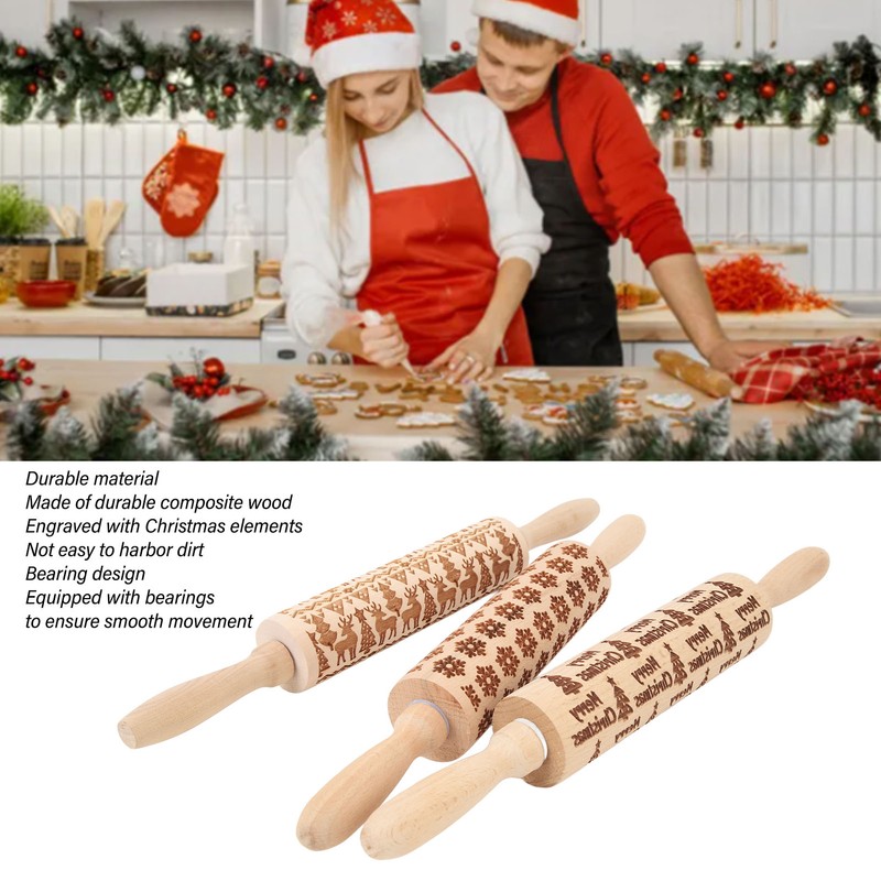 3Pcs Wooden Embossed Rolling Pin Cute Christmas Pattern Engraved Embossing