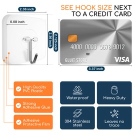 GLUIT Adhesive Wall Hooks for Hanging Heavy Duty 22 lbs Hooks for Walls No Damage, Towel Sticky Clear Hooks, Waterproof, Home, Bathroom, Kitchen, Office, and Outdoor 20 Pack