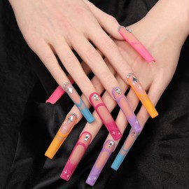 Artiprint Glitter Gradient Press-On Nails with Rhinestones, Durable Nail Art Set for Instant Gorgeous Nails, Easy to Apply & Fashionable Manicure(N002, M)