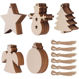 20 Pcs Unfinished Paintable Blank Wooden Christmas Festival Decoration Ornaments, Xmas Tree Hanging Wood Slices for Kids DIY Art Crafts, 5 Large Designs-Christmas Tree, Snowman, Stars, Angel, Round