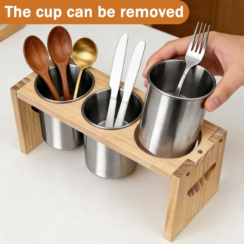 EcoDuck 3 Pack Utensil Holder, Stainless Steel Organizer with Wood