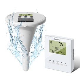 Zuomeng Wireless Pool Monitor, Solar Pool Water Tester with Two Displays & High-Precision Electrode to Detect & Display The Pool Water Temp pH EC TDS for All Swimming Pool, Spa, Hot Tub