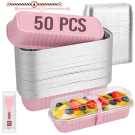 HEYDIUDIU - Paquete de 50 mini-sartenes para pan con tapas y cucharas, mini moldes para pasteles de 7.8 onzas para hornear, sartenes rectangulares de aluminio para pan, latas pequeñas de aluminio para