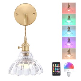 Shenmoyl Battery Operated Wall Sconce Wall Lamp with Clear Lily of The Valley Shade Pattern Glass Adjustable Chain Retro Gold Wall Light, Modern Wall Lamp Fixtures Decor for Bedside Bedroom