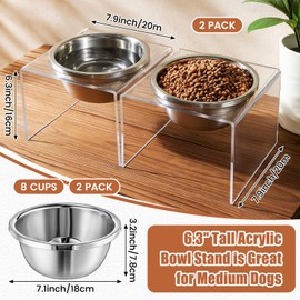 Ziliny 2 Set Acrylic Elevated Dog Bowls Stand 6.3" Tall Pet Acrylic Feeder Come with 2 Removable Stainless Steel Bowls for Large Dogs, Raised Durable Dog Bowl Pet Feeding Station