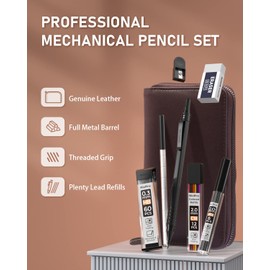 Nicpro 20PCS Black Metal Mechanical Pencil Set in Leather Case, 0.3, 0.5, 0.7, 0.9 mm & 2mm Lead Pencil Holders, 9 Tube (4B 2B HB 2H) Lead Refills, Erasers For Art Drafting Sketching Drawing