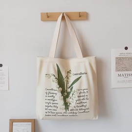 Jiamusi Floral Canvas Tote Bag Botanical Shopping Bag Aesthetic Flower Tote Bag Canvas Grocery Bag for Women Girl Trendy School Tote