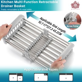 GICASA Sink Dish Drying Rack, Stainless Steel Drainer for 10.7"-17" Sinks, Kitchen Countertop Organizer for Dishes, Vegetables, and Fruits (Grey & Small)