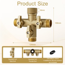 SANTONG Hose Splitter Solid Brass 3 Way + Type Outdoor Faucet and Water Spigot Connector with Shut-Off Valves, 4 Extra Silicone Washers Included