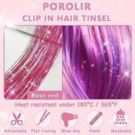 HASTHIP® 6 extensiones de cabello con purpurina y clip, color rosa, 52 cm, brillantes, para festivales
