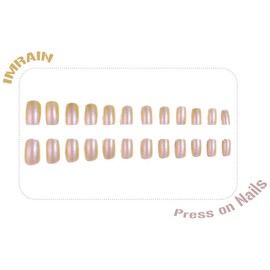 IMRAN Summer Press on Nails Medium Square Fake Nails Golden Laser Glossy False Nails Glitter Acrylic Nail Supplies Full Cover DIY Stick on Nails for Women Nail Art Manicure 24Pcs