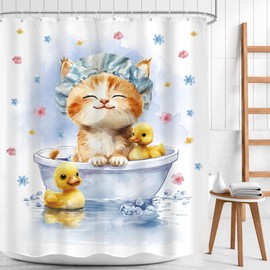 Mitpok Cute Cat Shower Curtain 60Wx72H Lovely Kitten Funny Kids Girls Animal Rubber Ducks in Bathtub Bubble Bathroom Decor Watercolor Fun Bathing Nursery Bath Curtain Fabric Polyester 12 Pack Hooks