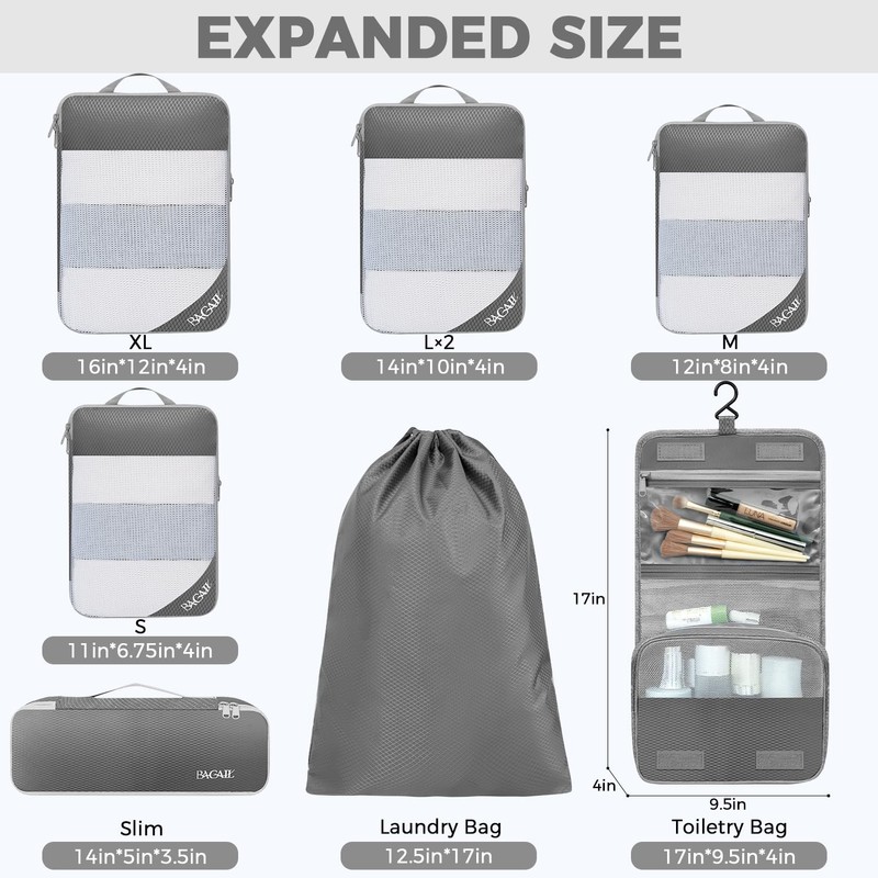 BAGAIL 6 Set/8 Set Compression Packing Cubes, Ultralight Expandable Packing