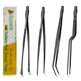 GEEKHOM Cooking Tweezers, [4 Pack] 12 Inch Fine Long Food Tongs Stainless Steel Kitchen Tongs Professional Cooking Tongs for Barbecue, Baking, Roasting, Dessert Decoration, Steak, Salad, Black