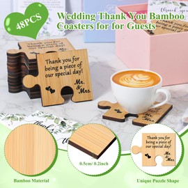 Uiifan 48 Sets Wedding Favors for Guests, Wedding Coaster Gifts, Bridal Shower Party Favors Bamboo Puzzle Piece Coasters with Thank You Cards Organza Bags for Guests Souvenirs Return Gifts