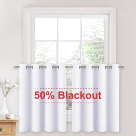 NICETOWN 50% Blackout Curtains for Kitchen - 36 Inches Long Ring Top Short Window Valance for Dining Room (W52 x L36 Inches,Pure White,2 Pcs)