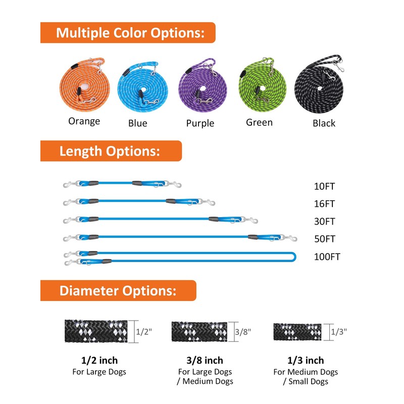 100FT Extra Long Dog Leash for Dog Training, Reflective Threads